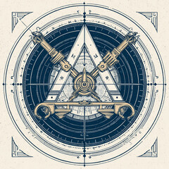 Obraz premium Geometric Engineering: An intricate geometric illustration showcases a compass, triangle, keys and gears, symbolizing precision, mechanics, and design.