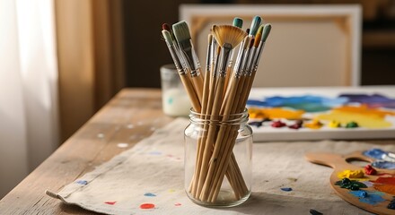 Paint Brushes in Jar on Wood Table with Palette and Canvas
