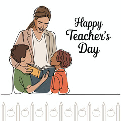 Happy Teacher&rsquo;s Day illustration of a female teacher reading a book with two students, educational celebration vector art