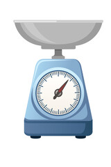 Blue kitchen scale with metal bowl and analog dial gauge. Traditional weighing device for cooking and baking recipes. Vintage style food measurement tool. Vector illustration isolated on white