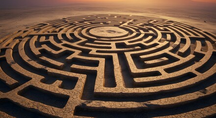Navigating the Intricate Pathways of a Vast Labyrinth Carved into Earth, Symbolizing Life's Complex Journeys, Challenges, and the Quest for Solutions and Discovery Under a Sprawling Open Sky