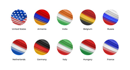 Vector set of round flag icons with modern painted brush texture