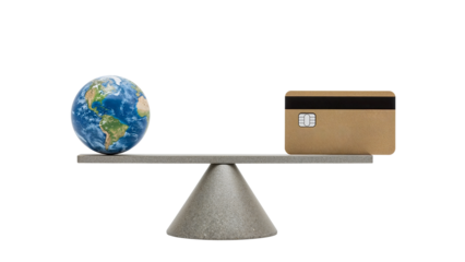 Global economy balance conceptplanet earth and credit card on seesaw representing environmental impact and financial responsibility