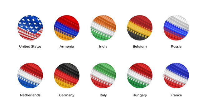 Vector set of round flag icons with modern painted brush texture