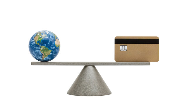 Global economy balance conceptplanet earth and credit card on seesaw representing environmental impact and financial responsibility