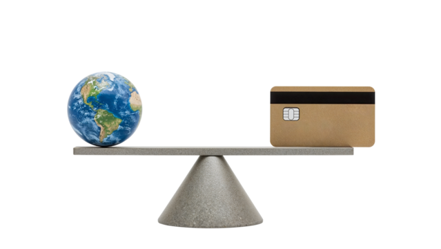 Global economy balance conceptplanet earth and credit card on seesaw representing environmental impact and financial responsibility
