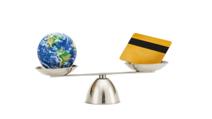 Earth and credit card on balance scale symbolizing global economy, environmental impact, and financial responsibility