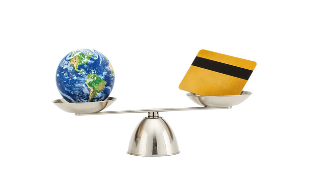 Earth and credit card on balance scale symbolizing global economy, environmental impact, and financial responsibility