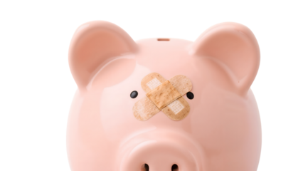 Piggy bank with bandages symbolizing financial recovery, savings crisis, economic hardship, budget repair, and money management