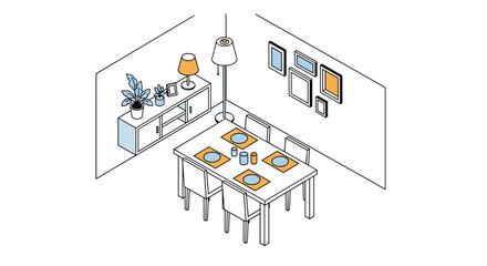 Obraz premium A cozy dining area with a table set for four and a sideboard displaying decorative items.