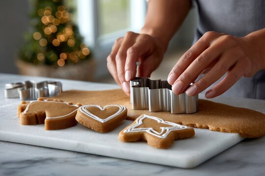 Person cuts cookies from dough shapes include star heart tree Holiday backdrop with decorated tree - Powered by Adobe
