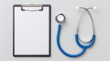 Medical Clipboard and Stethoscope on a Gray Background for Health and Wellness Concepts, Healthcare Documentation, and Medical Record Keeping