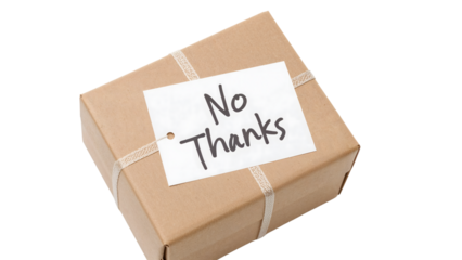 Brown parcel box with no thanks note card, cardboard package refusal, delivery rejection, the transparent background minimal concept