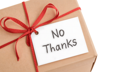 Gift box with red ribbon and no thanks tag isolated on white, refusal, rejection, decline, minimalist, message