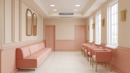 Fototapeta premium Modern minimalist waiting room interior with soft pink tones and elegant furniture, featuring mirrors and natural light from large windows
