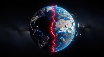 Fototapeta premium Earth with Red and Blue Lightning Crack in Space Showing Global Division