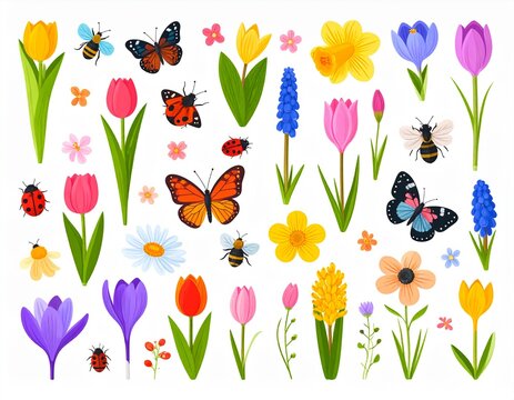A vibrant and whimsical collection of springtime flowers, including tulips, daisies, and crocuses, accompanied by delicate insects like butterflies, ladybugs, and bees, all illustrated in a charming f