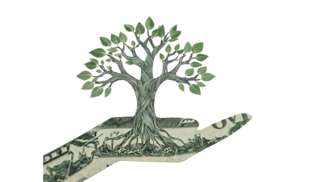 Sustainable finance concept: hand holding money tree made from dollar bill illustrating green investment and economic growth