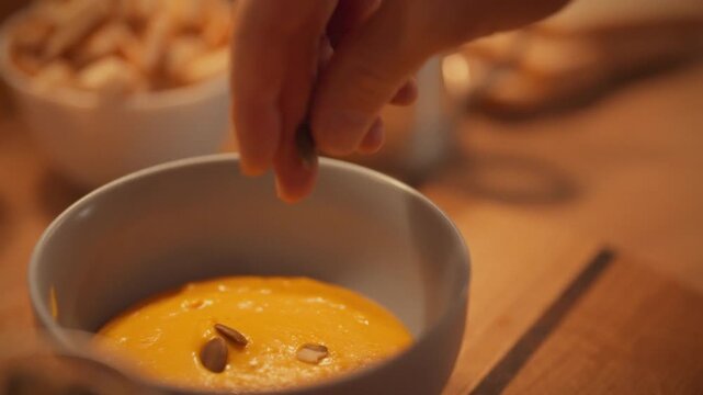 A hand sprinkles seeds onto a bowl of vibrant squash puree. The setting is warm and homey, suggesting a moment of culinary creativity and care in the kitchen