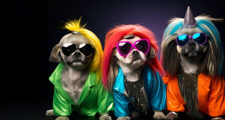 Creative animal concept. Group gang of Shih Tzu dog puppy in neon bright sparkly rock punk colour outfit, copy text space. commercial, editorial advertisement party invitation invite	
