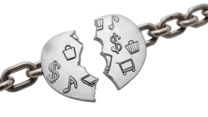 Broken silver chain link with dollar symbols, shopping cart, bag, and music icons representing economic crisis and disconnection