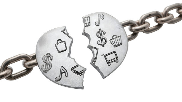 Broken silver chain link with dollar symbols, shopping cart, bag, and music icons representing economic crisis and disconnection