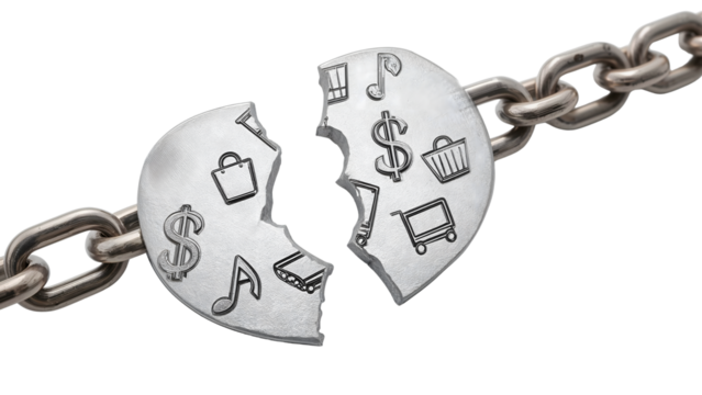 Broken silver chain link with dollar symbols, shopping cart, bag, and music icons representing economic crisis and disconnection