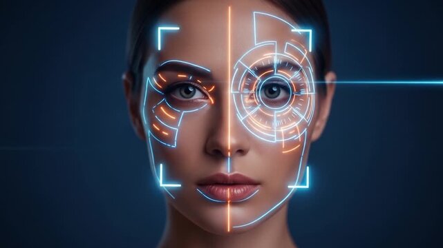 A futuristic portrait of a woman with digital overlays representing facial recognition technology.