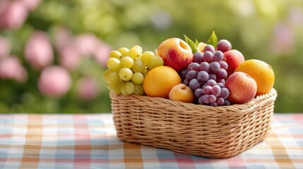 Fresh and Colorful Fruit Basket with Grapes, Apples, Oranges, and Green Grapes Set Against a Soft-Focused Outdoor Background