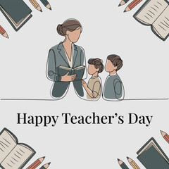 Happy Teacher&rsquo;s Day illustration of a female teacher reading a book with two students, educational celebration vector art