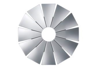 Circular Arrangement of 12 Metallic Fan Blades with Yellow and Red Accents graphic isolated on a transparent background