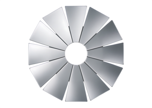 Circular Arrangement of 12 Metallic Fan Blades with Yellow and Red Accents graphic isolated on a transparent background