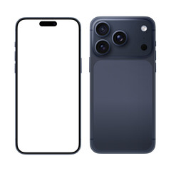 Deep Blue Smartphone similar 17 pro max with blank white screen for mockup, mobile app template mockup model on transparent Background