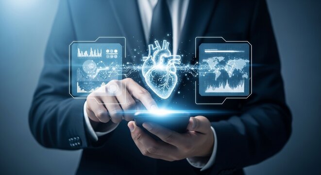 Professional using futuristic heart technology on phone for medical data analysis and global research