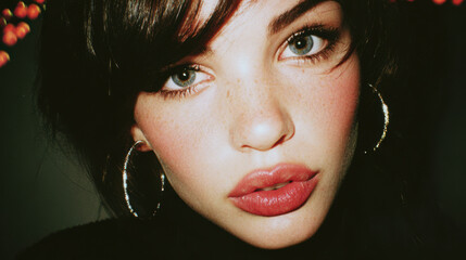 Retro flash portrait of fashionable young woman in a disposable film camera style photography