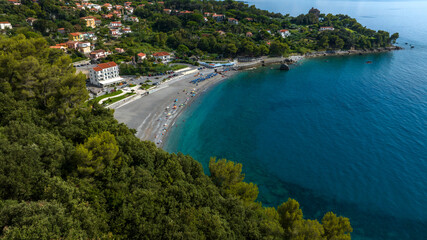 Naklejka premium Aerial view of the Fiumicello beach located in Maratea. It is a popular seaside resort overlooking the Mediterranean Sea in the province of Potenza, Basilicata, Italy.