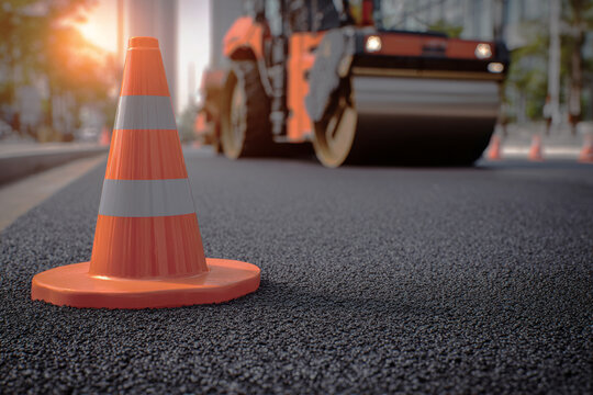 Closeup traffic cone on fresh asphalt with road roller in soft city bokeh at sunrise, highlighting recycled rubber paving for safer streets, infrastructure recycling concept