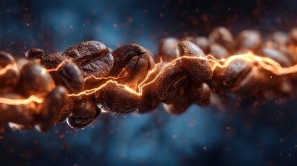 Abstract 3d coffee beans with glowing electricity effect representing energy power and caffeine strength