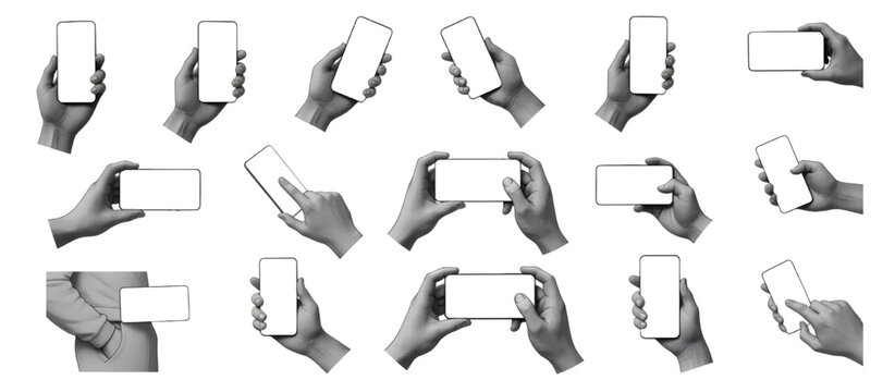 Retro monochrome vector illustration set of hands holding blank screen smartphones on white background, mobile device mockup and gesture design