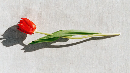 negative. A single red tulip in full bloom rests on beige linen, surrounded by soft shadows and negative space. gardening catalogs, home-decor guides, designed for home decor and floral branding.