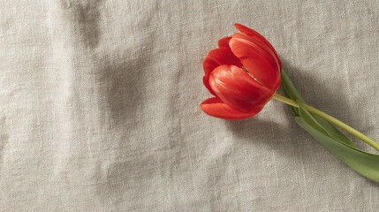 negative. A single red tulip in full bloom rests on beige linen, surrounded by soft shadows and negative space. gardening catalogs, home-decor guides, designed for home decor and floral branding.