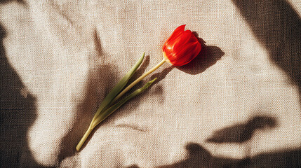 negative. A single red tulip in full bloom rests on beige linen, surrounded by soft shadows and negative space. gardening catalogs, home-decor guides, designed for home decor and floral branding.