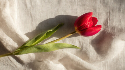 negative. A single red tulip in full bloom rests on beige linen, surrounded by soft shadows and negative space. gardening catalogs, home-decor guides, designed for home decor and floral branding.