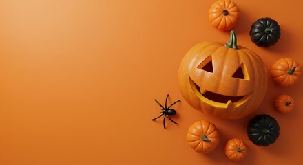 Halloween pumpkin arrangement on orange background copy space