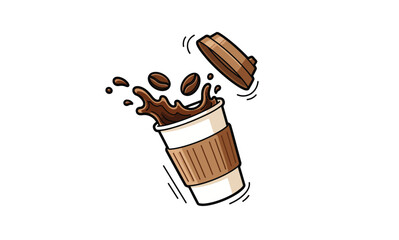 Illustration of a to-go coffee cup with a splash of coffee and coffee beans, with the lid flying off. This dynamic, hand-drawn vector is perfect for cafe promotions or branding.