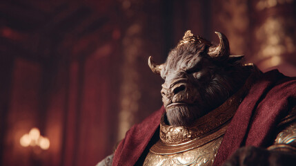 Fototapeta premium Majestic minotaur, regal and imposing, adorned in golden armor and a crimson robe. Evokes power, mythology, strength, and fantasy. Ideal for book covers concept art.