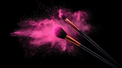 Two makeup brushes with a pink powder explosion on a black background