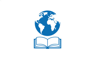 Blue vector icon of an open book with a globe above it, symbolizing global education and knowledge. Isolated on a white background, perfect for educational and international themes.