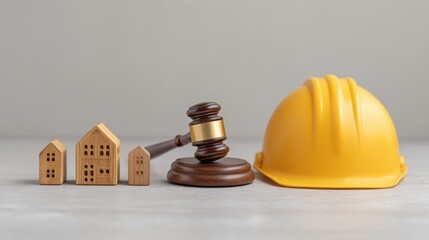 Wooden houses, gavel, and safety helmet symbolizing real estate law and construction compliance for property development and legal matters in the building industry
