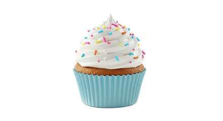 Delicious Cupcake with White Frosting and Colorful Sprinkles on Blue Background